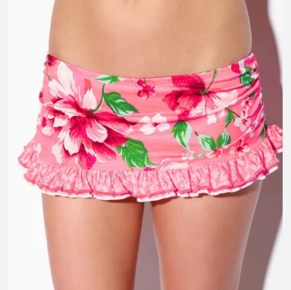 Betsey Johnson Pink Floral Bikini Bottom Swim Skirt Small Elastic - Picture 10 of 10